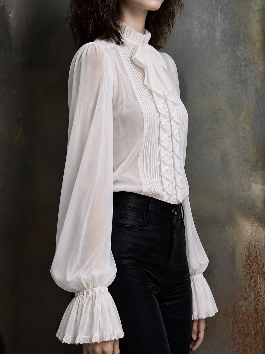Women's Transparent Satin Maternity Blouse with Ribbon Neckline and Sewn Sleeves