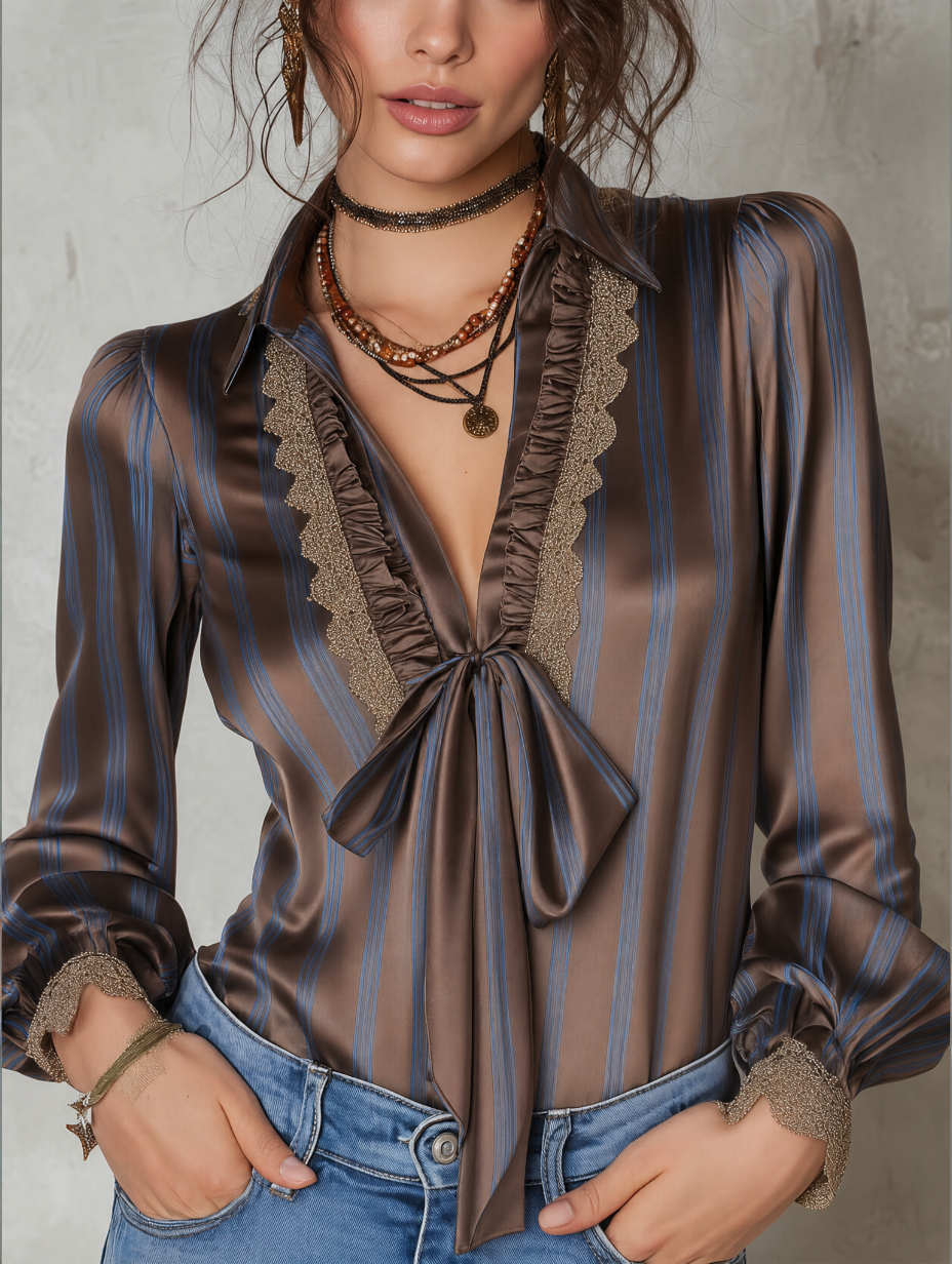 Women's Striped Blouse with Neck Tie and Shoulder Straps