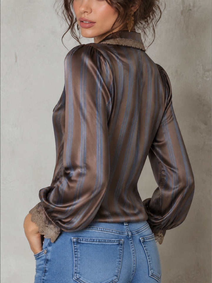 Women's Striped Blouse with Neck Tie and Shoulder Straps