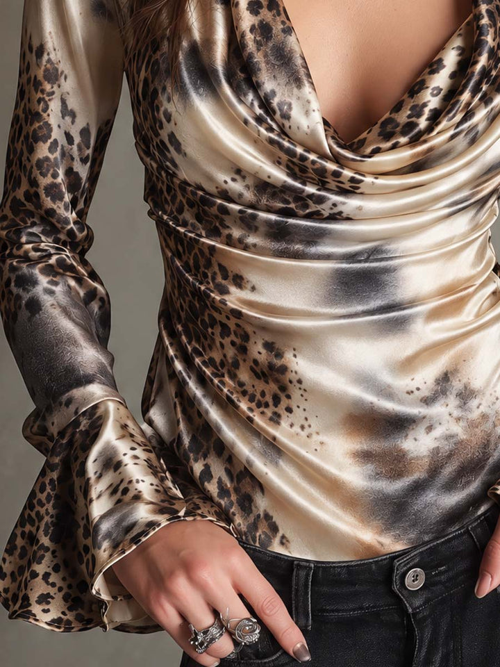 Retro Leopard Print Satin Shirt with Bell Neckline