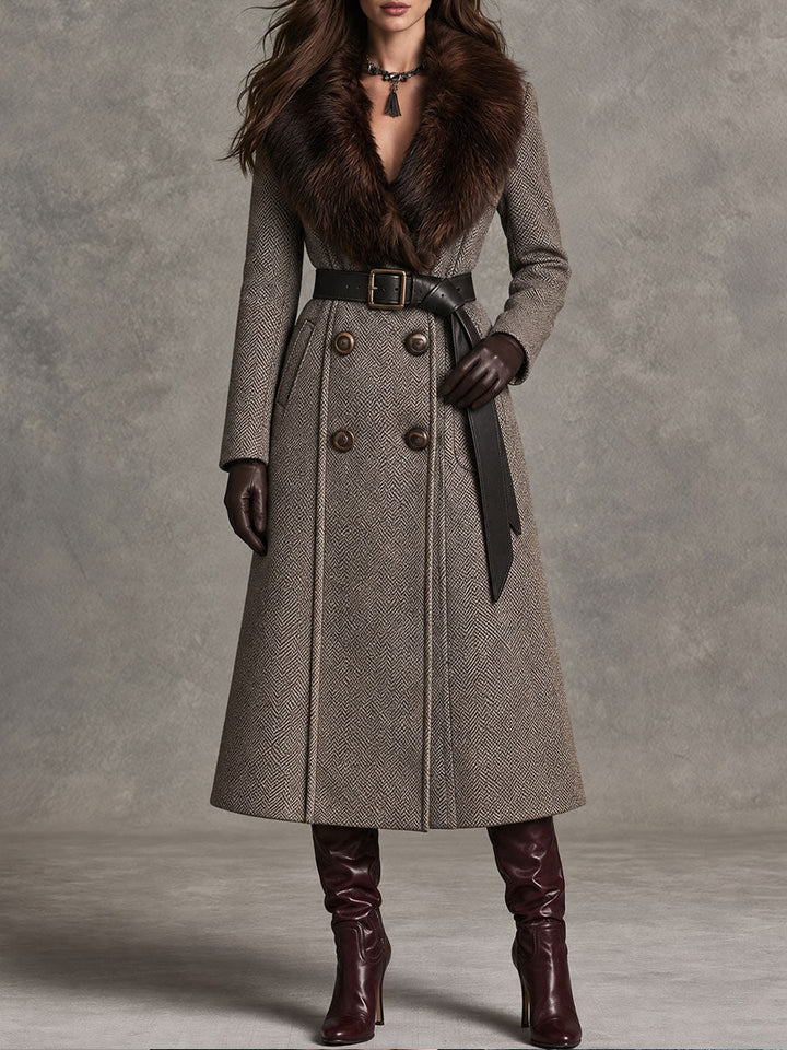Classic Wool Blazer with Faux Fur Collar and Belt