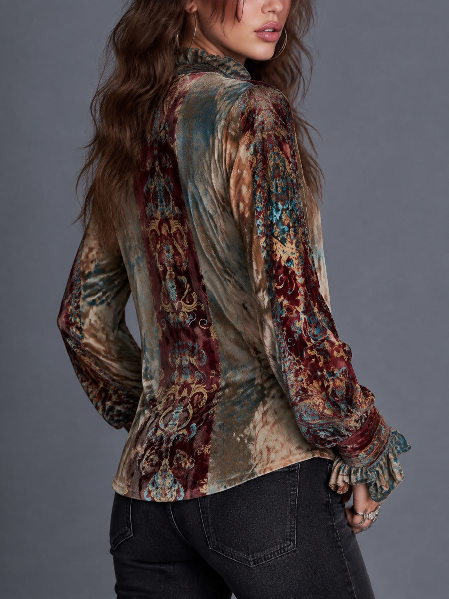Boho Paisley Print Velvet Blouse with Front Zip and Striped Accents