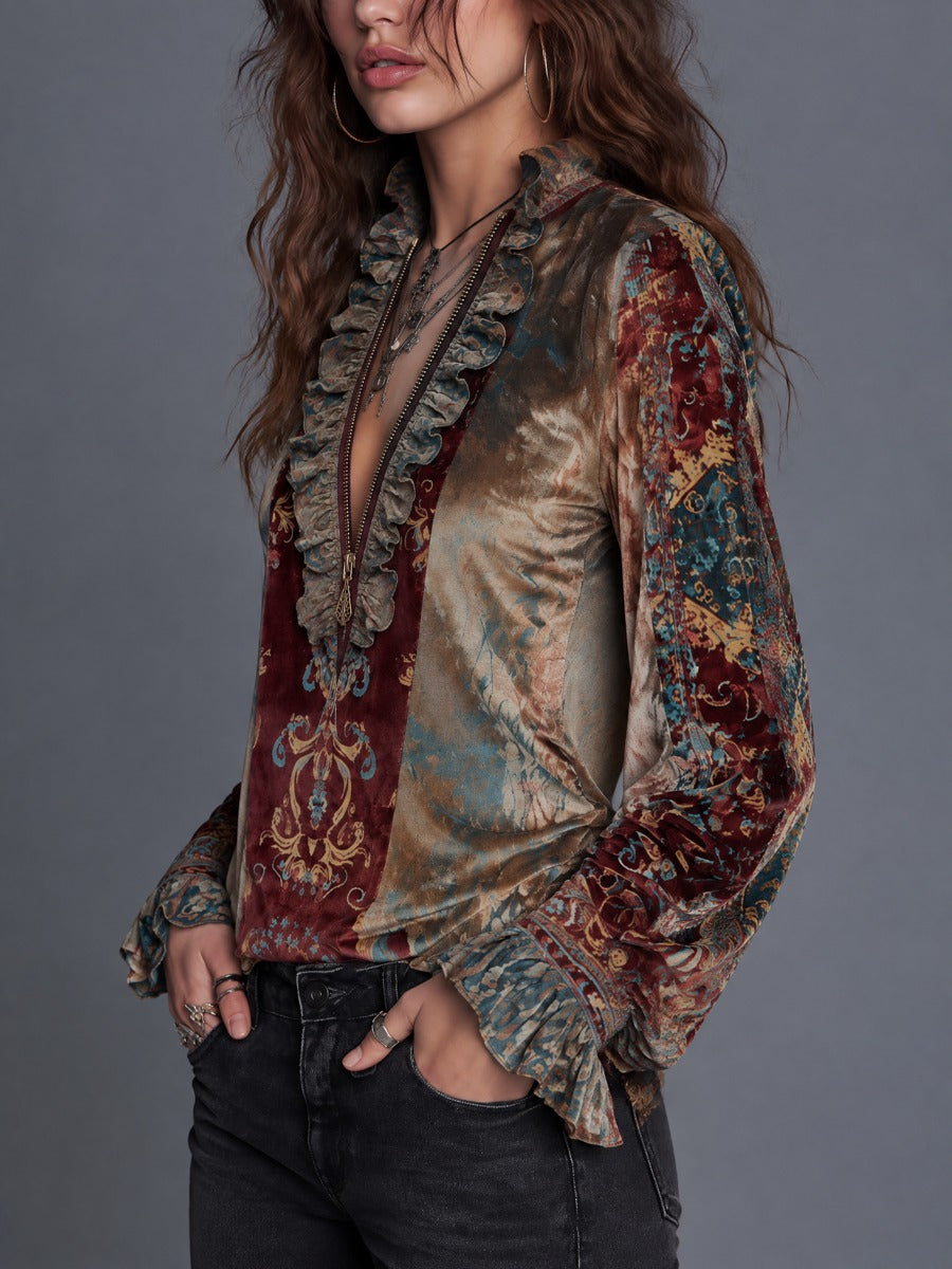 Boho Paisley Print Velvet Blouse with Front Zip and Striped Accents