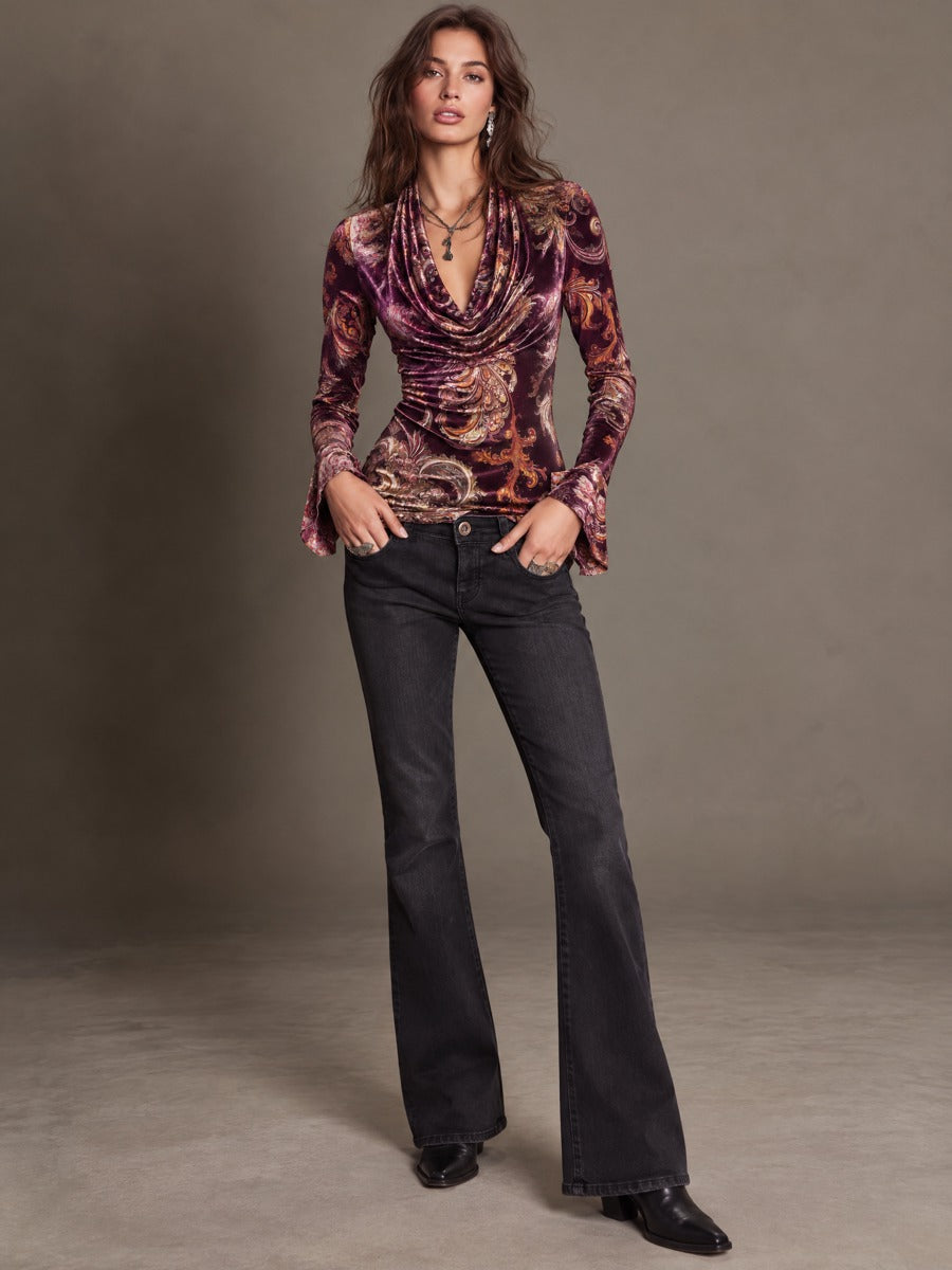 Paisley Print Velvet Top with Satin Sleeves