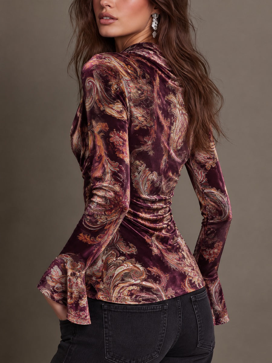 Paisley Print Velvet Top with Satin Sleeves