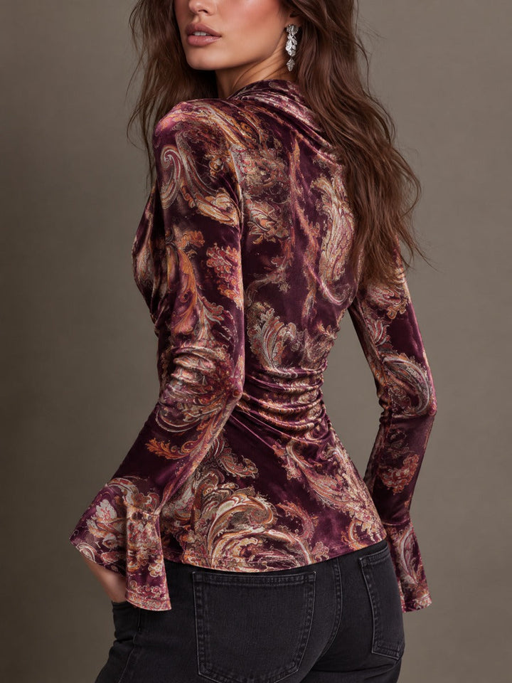 Paisley Print Velvet Top with Satin Sleeves