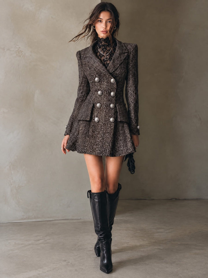 Chic Pinstripe Mini Dress with Double-Breasted Blazer Style and Silver Accents