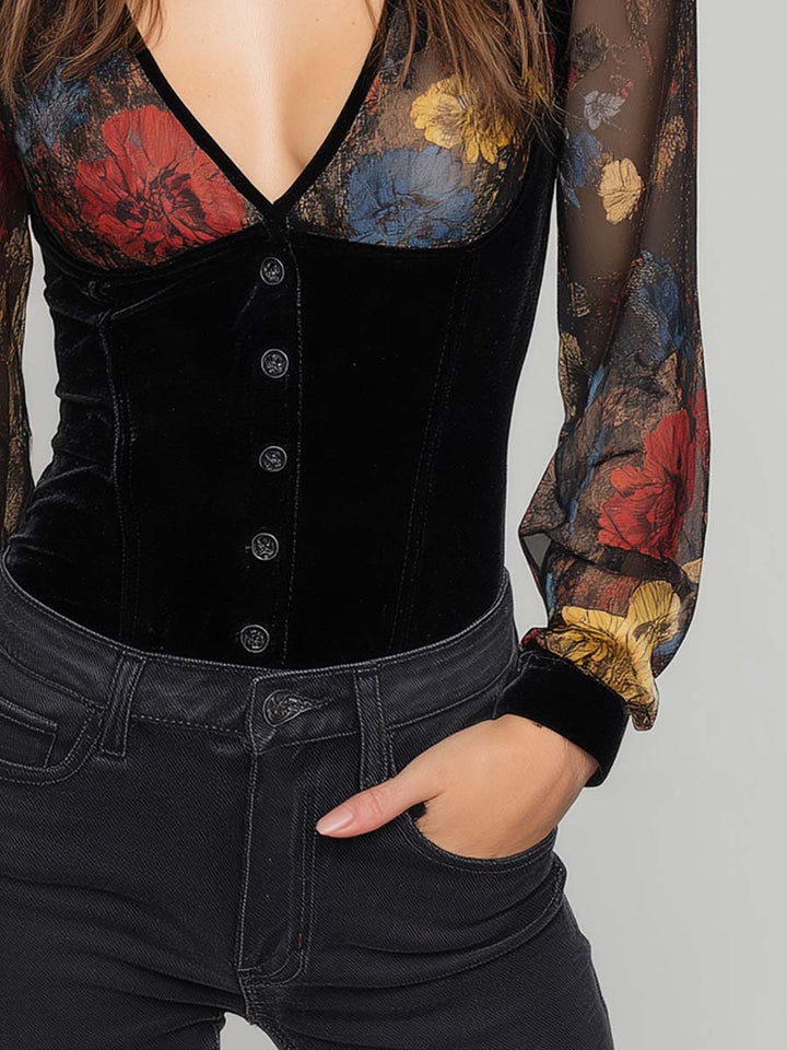 Vintage Floral Velvet Polyester Blouse