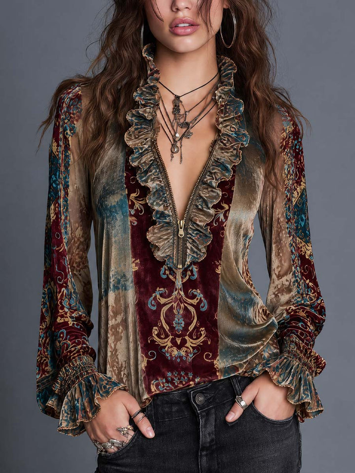 Boho Paisley Print Velvet Blouse with Front Zip and Striped Accents