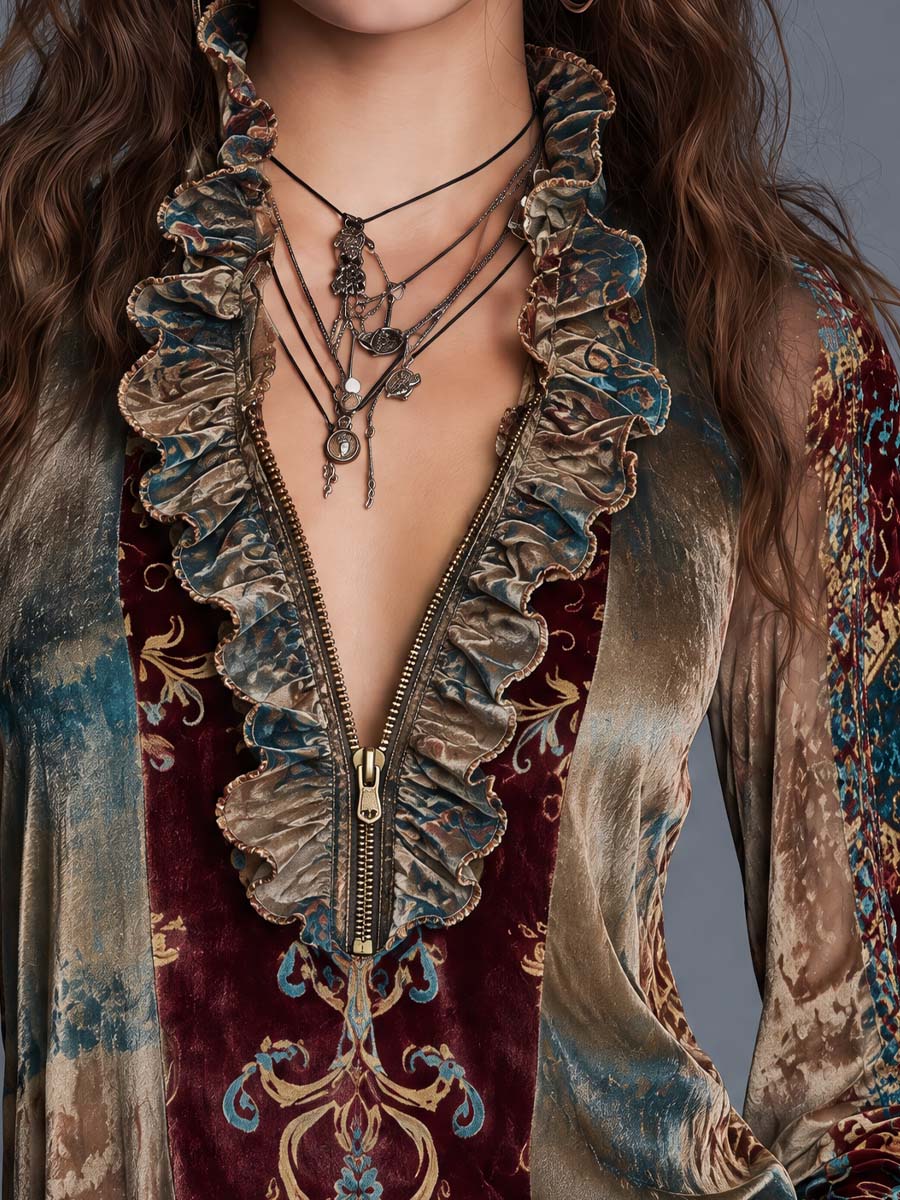 Boho Paisley Print Velvet Blouse with Front Zip and Striped Accents