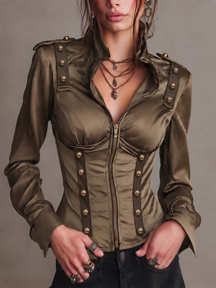 Military-Inspired Vintage Satin Jacket with Zipper and Gold Accents