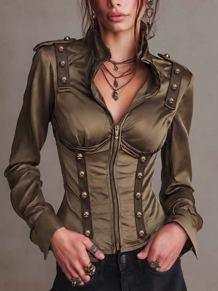 Military-Inspired Vintage Satin Jacket with Zipper and Gold Accents