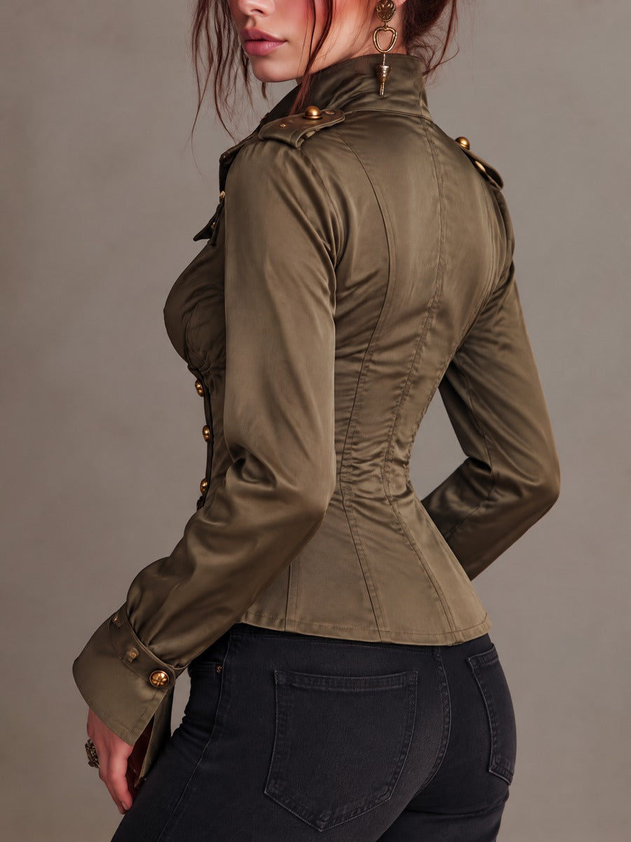 Military-Inspired Vintage Satin Jacket with Zipper and Gold Accents