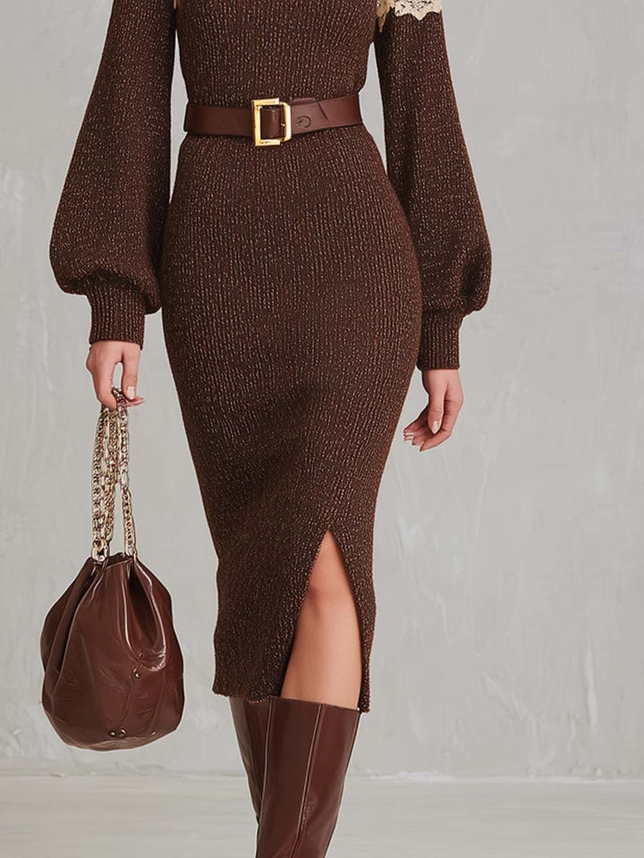 Lace-Trimmed High Neck Knit Midi Dress