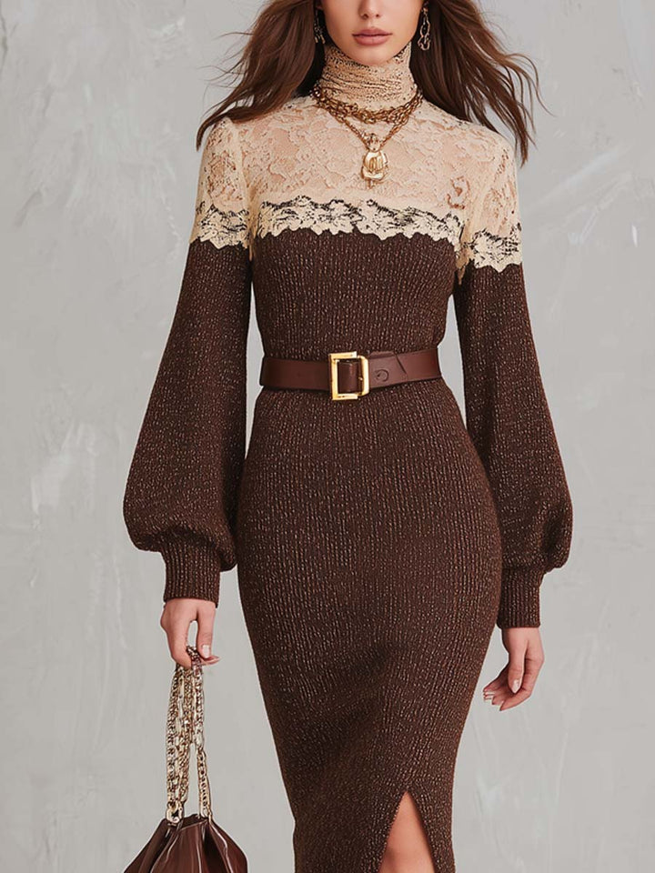 Lace-Trimmed High Neck Knit Midi Dress