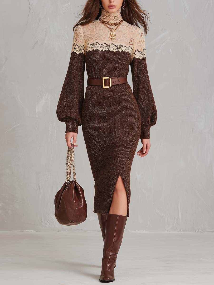 Lace-Trimmed High Neck Knit Midi Dress