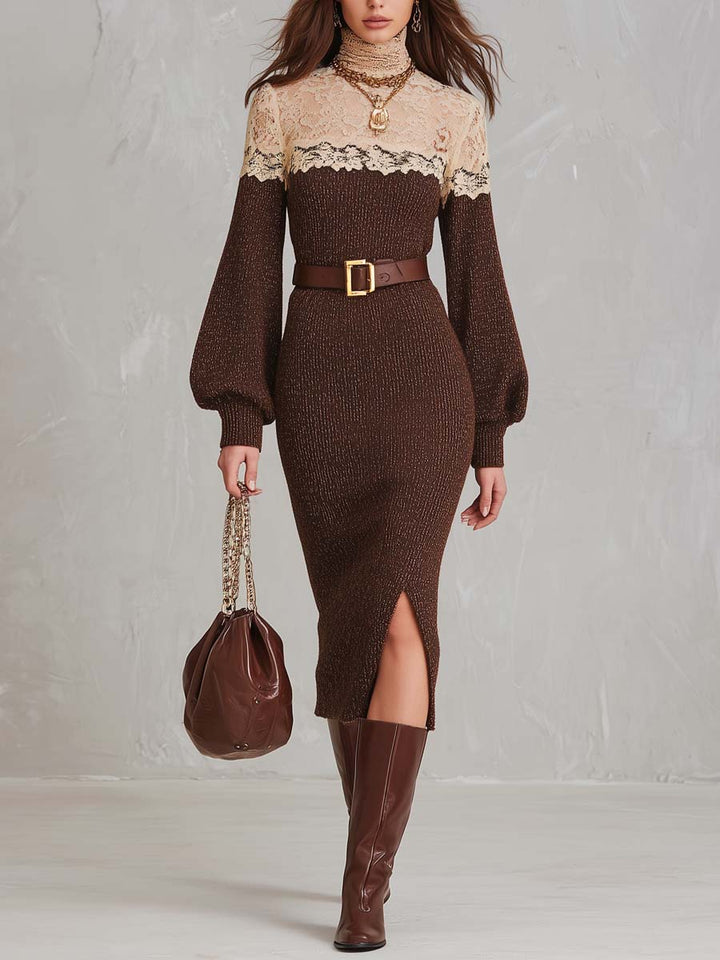 Lace-Trimmed High Neck Knit Midi Dress