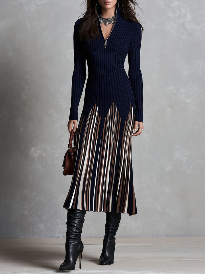 Striped Midi Nautical Dress with High Neckline, Ribbed Embroidery, and Wide Satin Hem