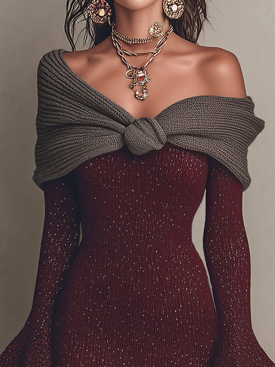 Chic Burgundy Satin Off-Shoulder Mini Dress with Knit Accents