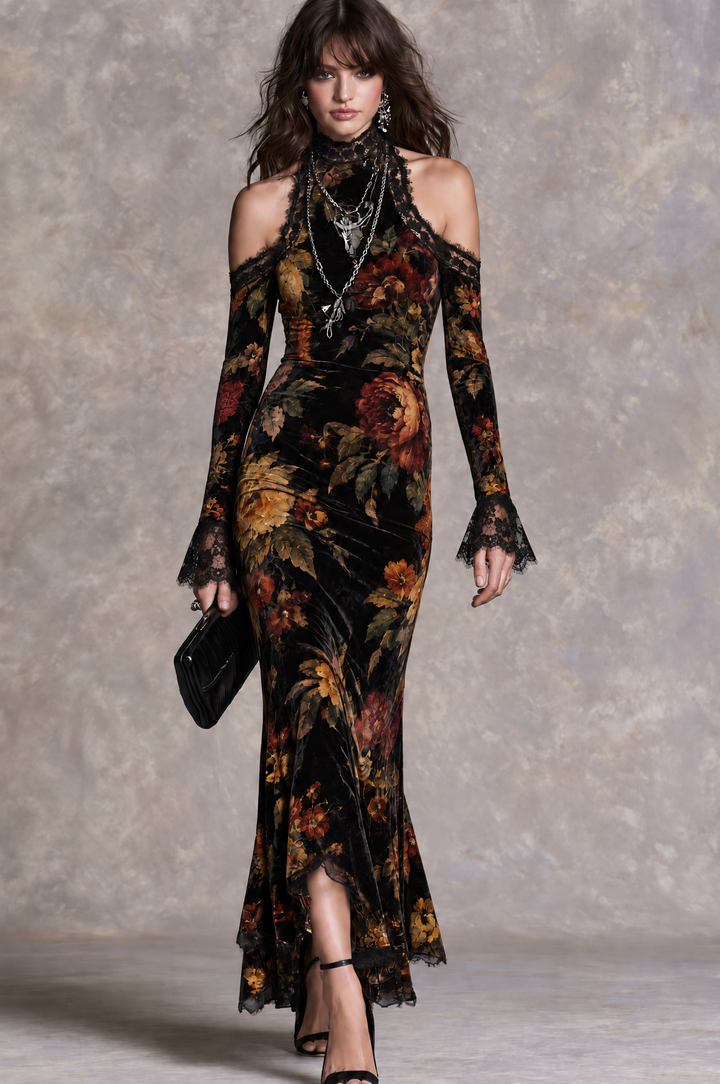 Vintage-Inspired Victorian Evening Gown with High Neck, Off-Shoulder Style, and Lace Accents in Luxurious Velvet