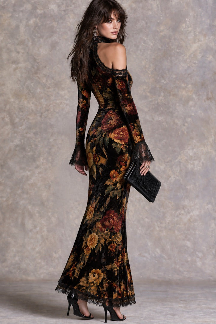 Vintage-Inspired Victorian Evening Gown with High Neck, Off-Shoulder Style, and Lace Accents in Luxurious Velvet