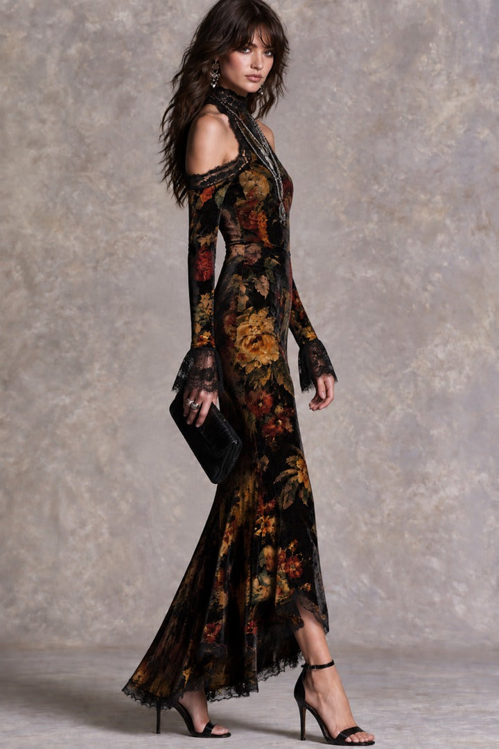 Vintage-Inspired Victorian Evening Gown with High Neck, Off-Shoulder Style, and Lace Accents in Luxurious Velvet