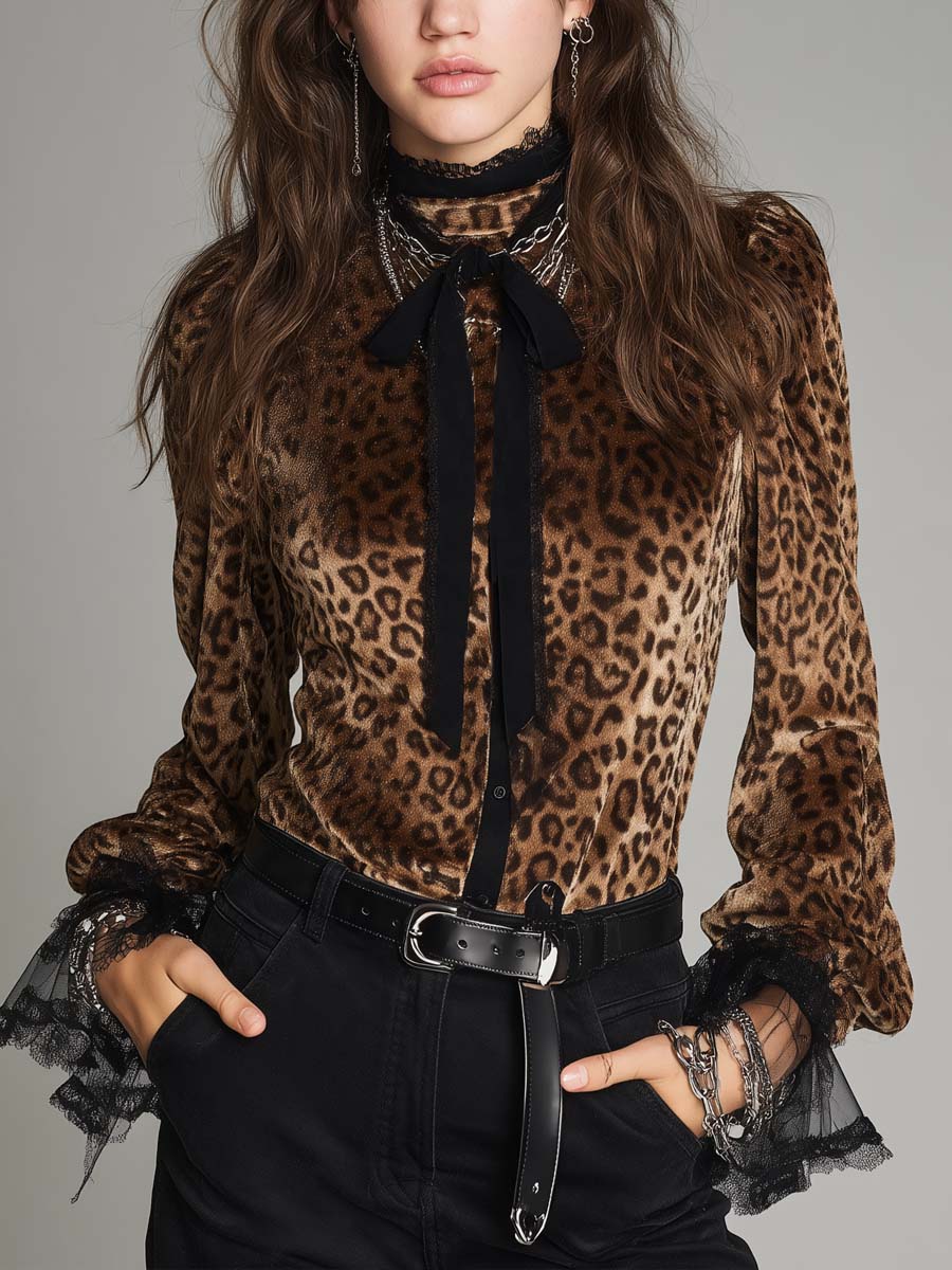 Retro Velvet Top with Leopard Print and Neck Ties