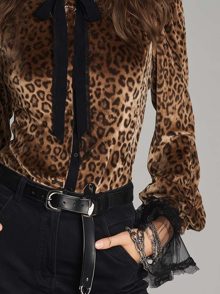 Retro Velvet Top with Leopard Print and Neck Ties