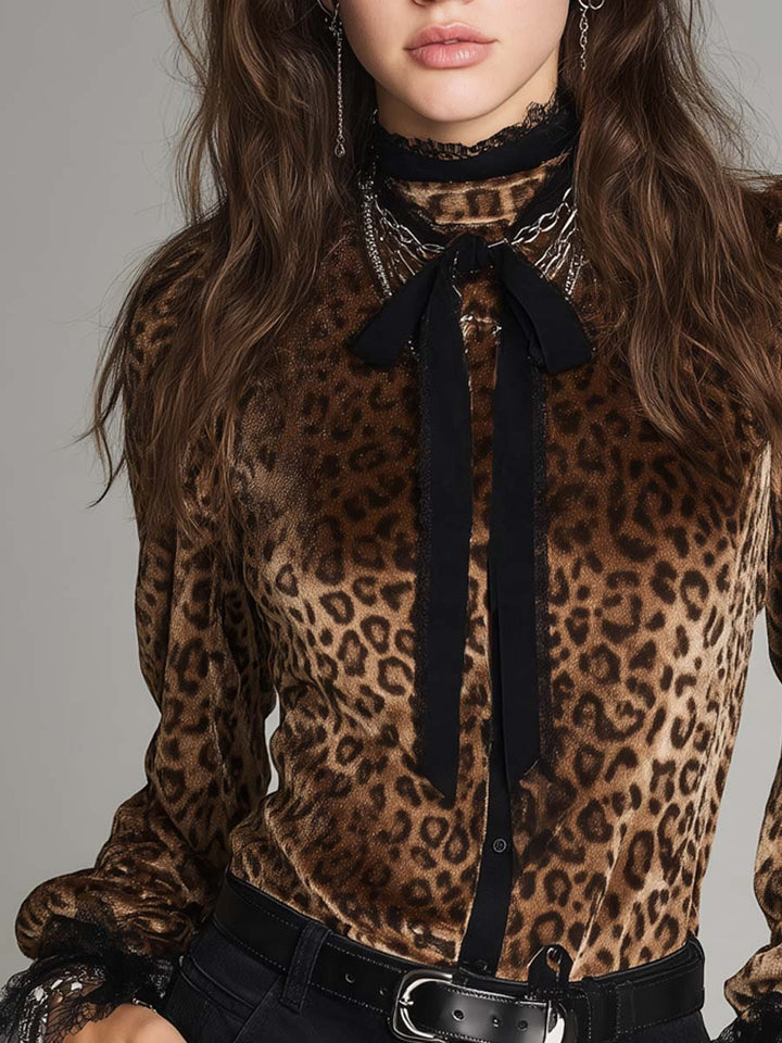 Retro Velvet Top with Leopard Print and Neck Ties