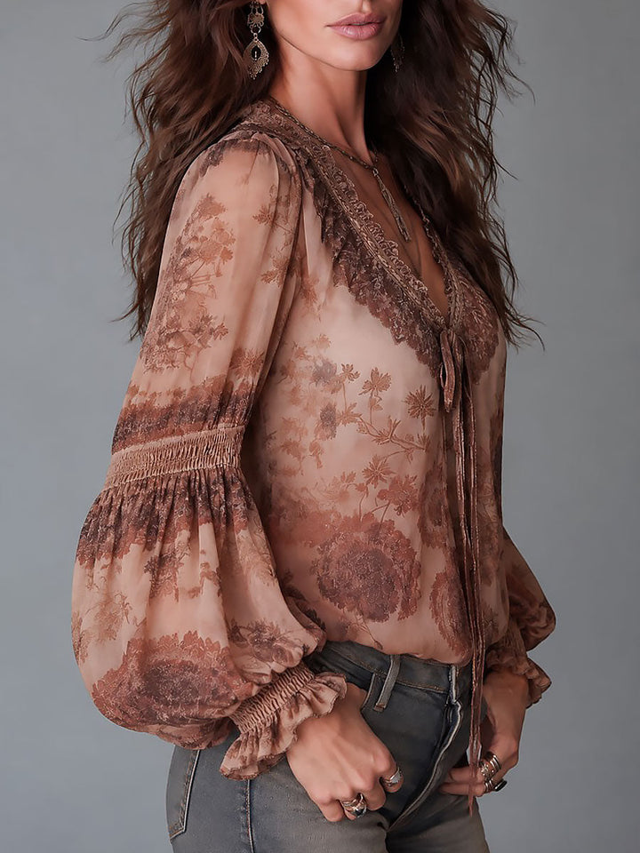 Floral-Embellished Sheer Satin Blouse with Puff Sleeves