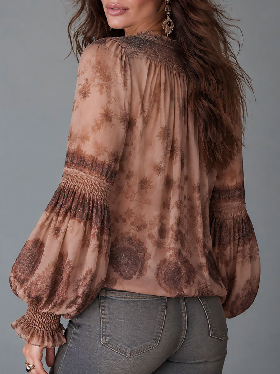 Floral-Embellished Sheer Satin Blouse with Puff Sleeves