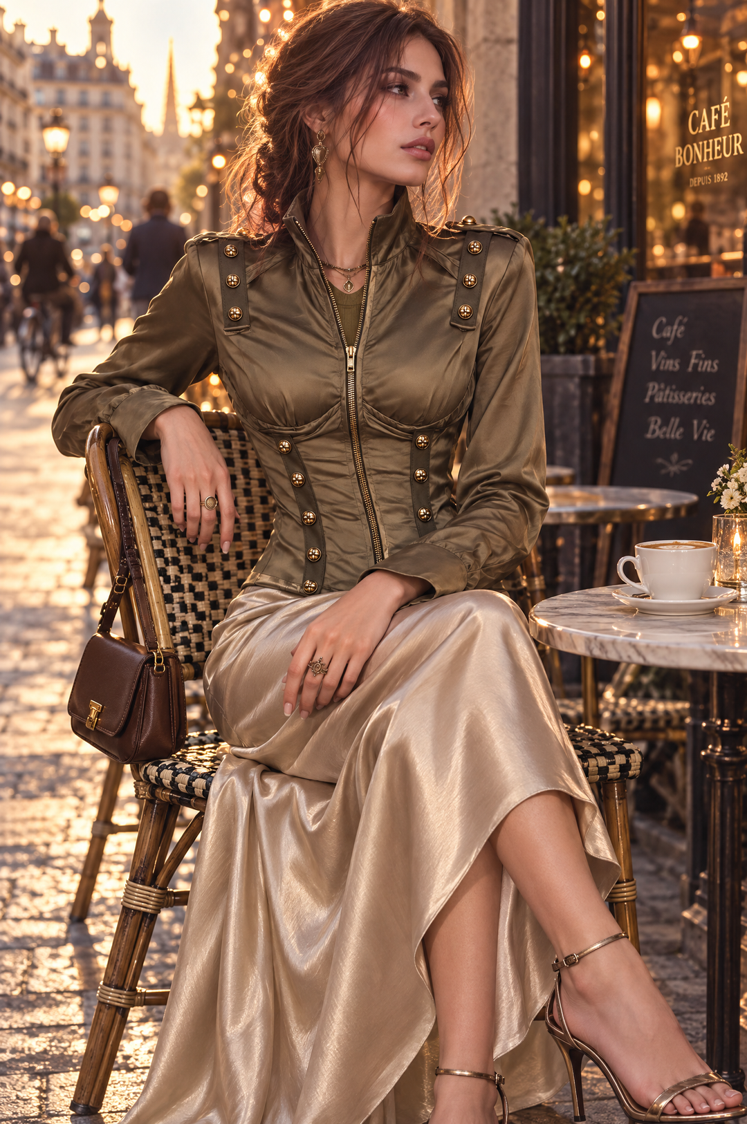 Military-Inspired Vintage Satin Jacket with Zipper and Gold Accents