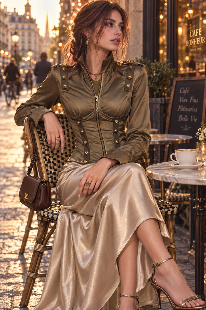 Military-Inspired Vintage Satin Jacket with Zipper and Gold Accents