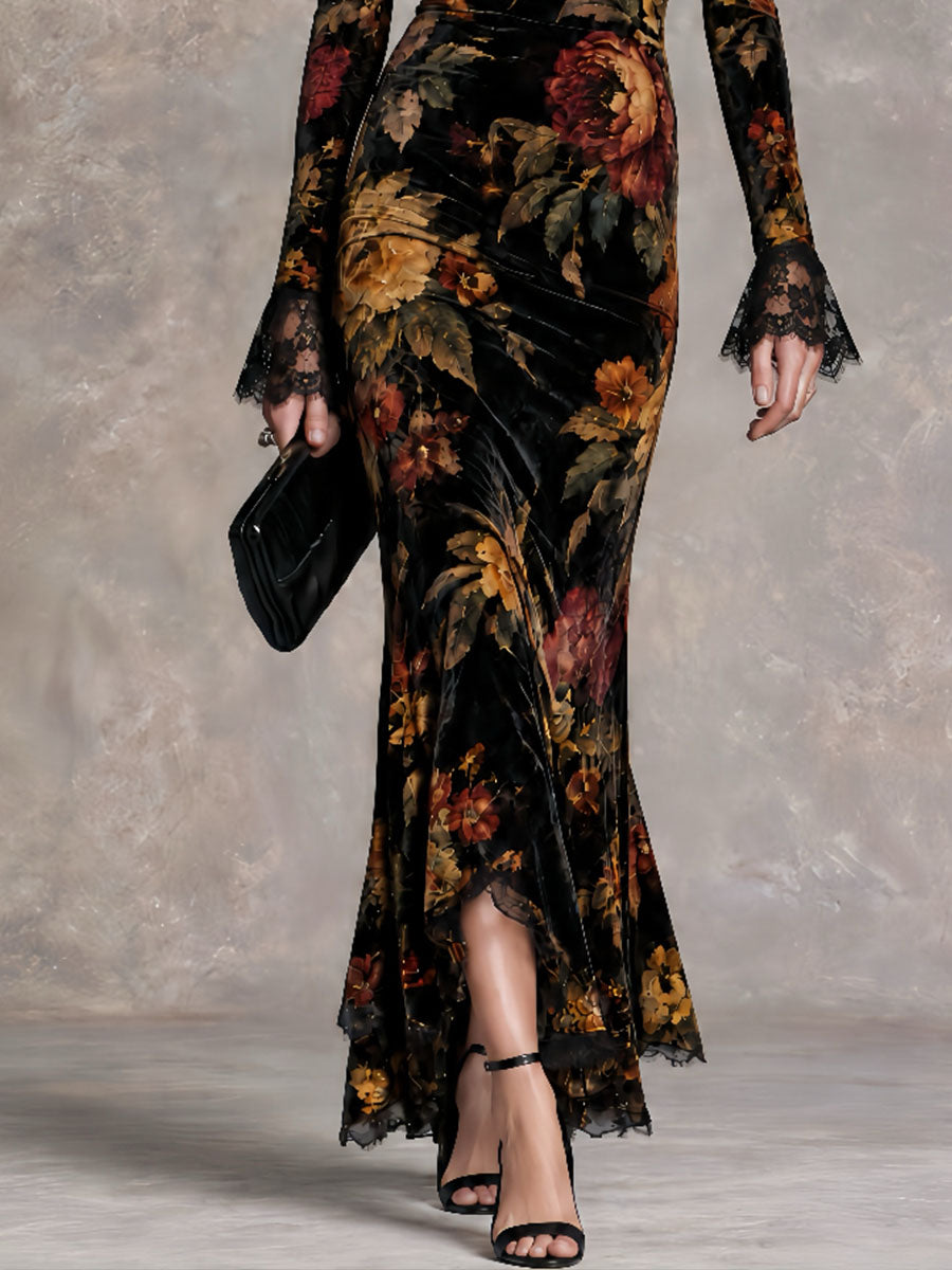 Vintage-Inspired Victorian Evening Gown with High Neck, Off-Shoulder Style, and Lace Accents in Luxurious Velvet