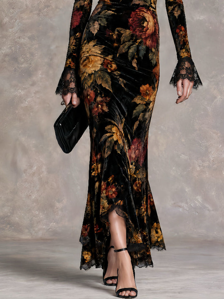 Vintage-Inspired Victorian Evening Gown with High Neck, Off-Shoulder Style, and Lace Accents in Luxurious Velvet