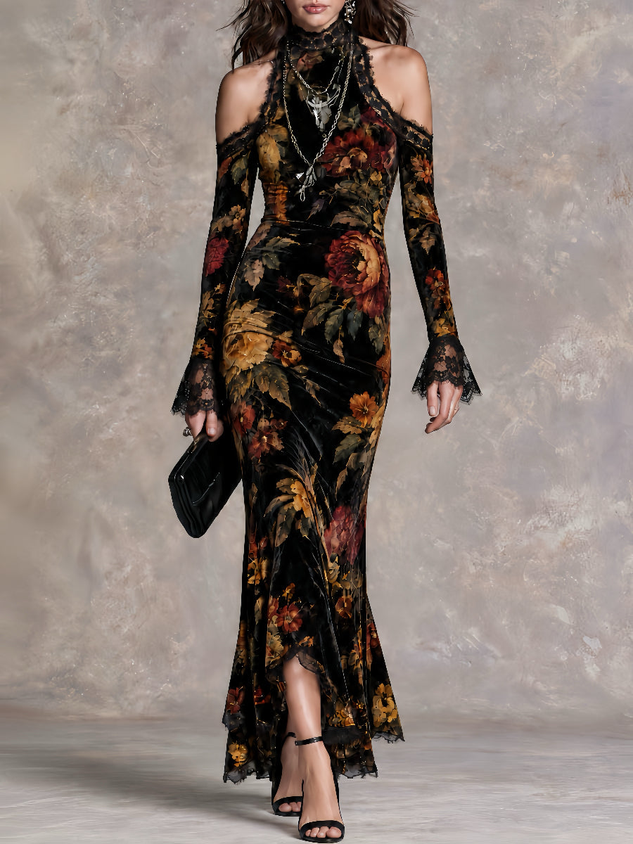 Vintage-Inspired Victorian Evening Gown with High Neck, Off-Shoulder Style, and Lace Accents in Luxurious Velvet