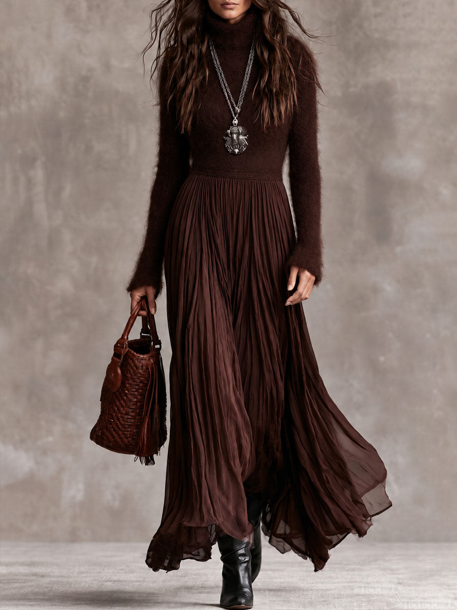 Chocolate Bohemian Knit Maxi Dress with Pleated Satin Skirt