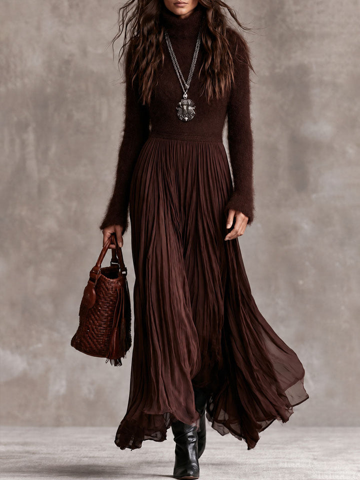 Chocolate Bohemian Knit Maxi Dress with Pleated Satin Skirt
