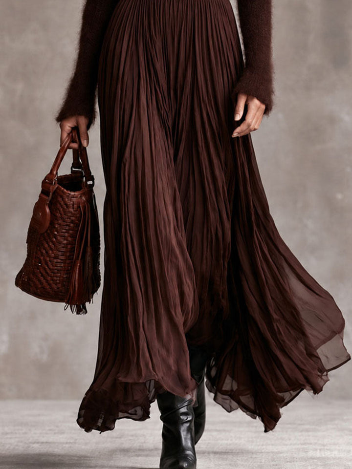 Chocolate Bohemian Knit Maxi Dress with Pleated Satin Skirt