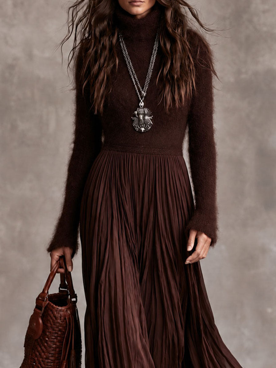 Chocolate Bohemian Knit Maxi Dress with Pleated Satin Skirt