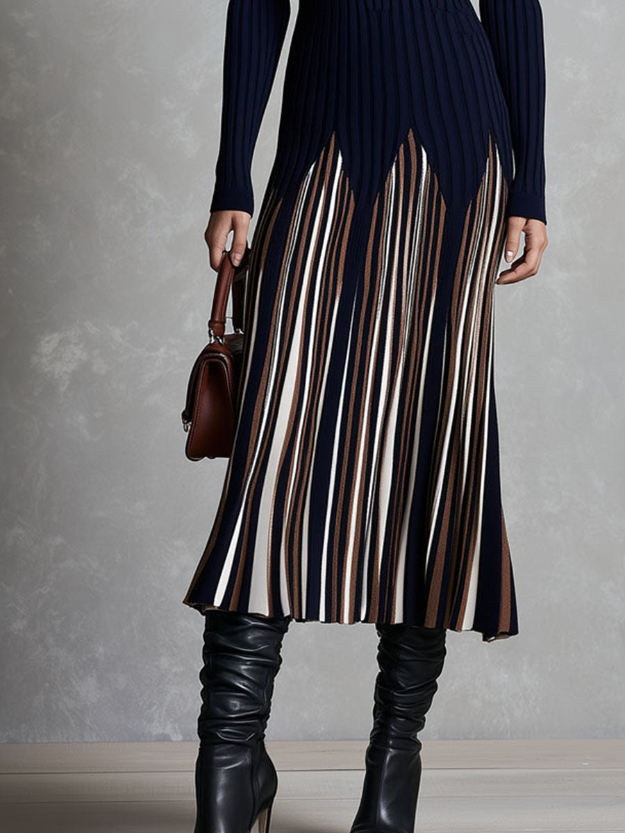 Striped Midi Nautical Dress with High Neckline, Ribbed Embroidery, and Wide Satin Hem