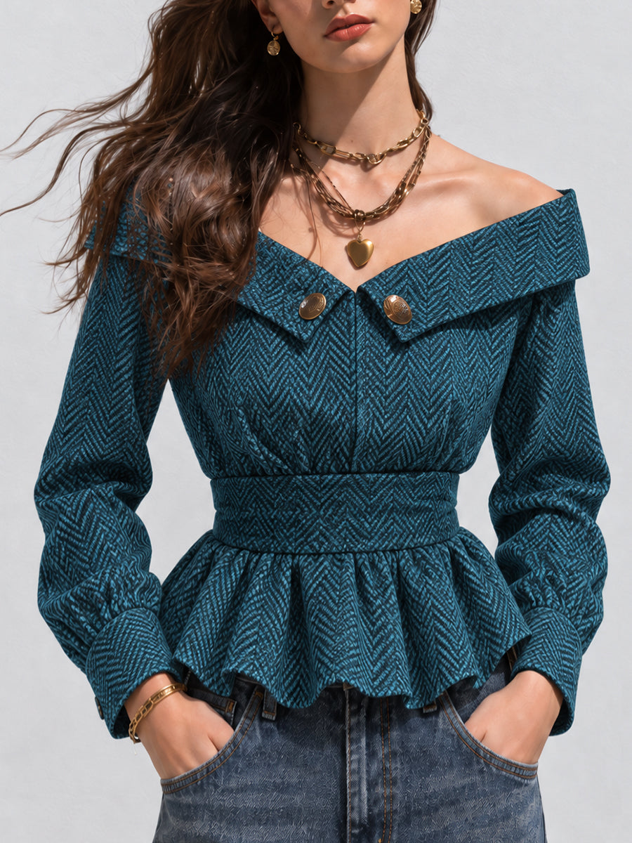 Teal Bohemian Off-Shoulder Blouse with Layered Overlay
