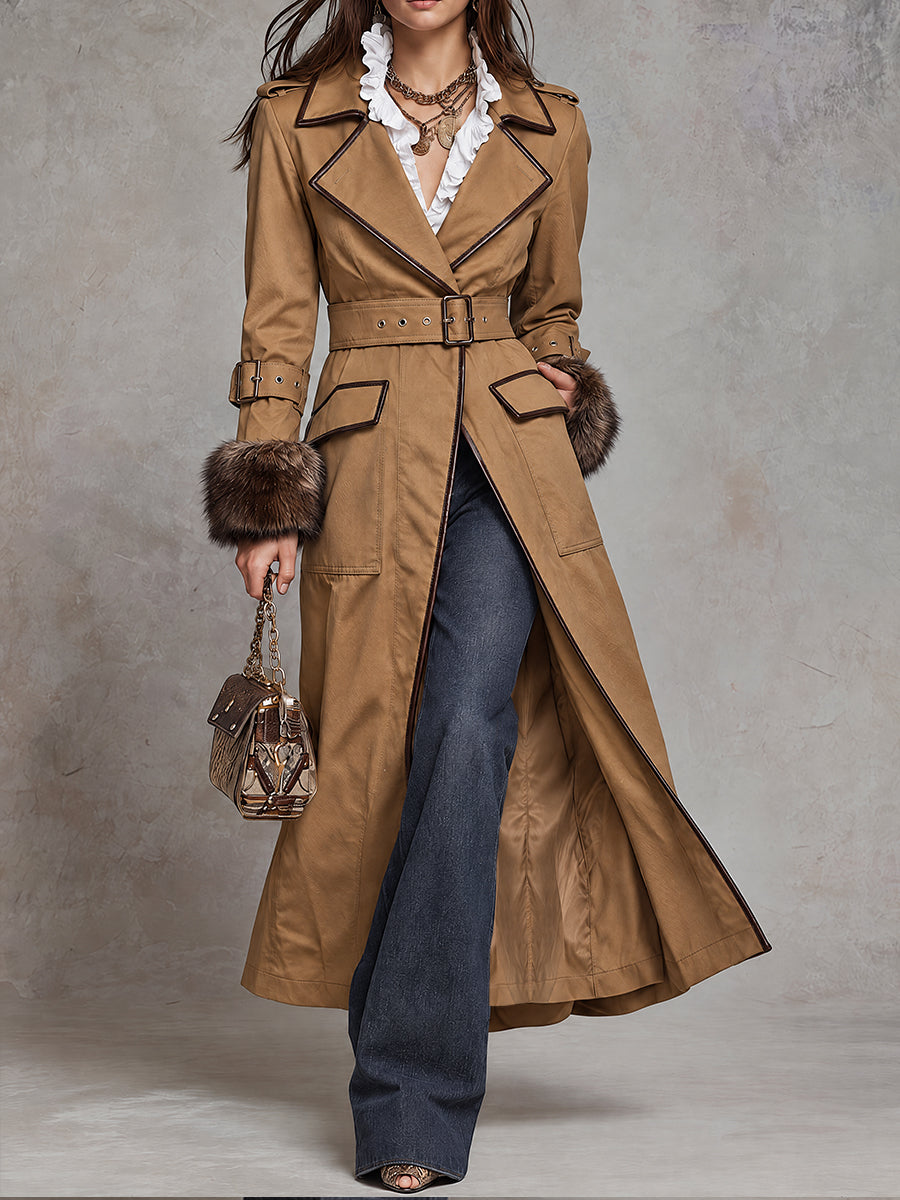 Desert Explorer Trench Coat with Luxurious Fur Cuffs