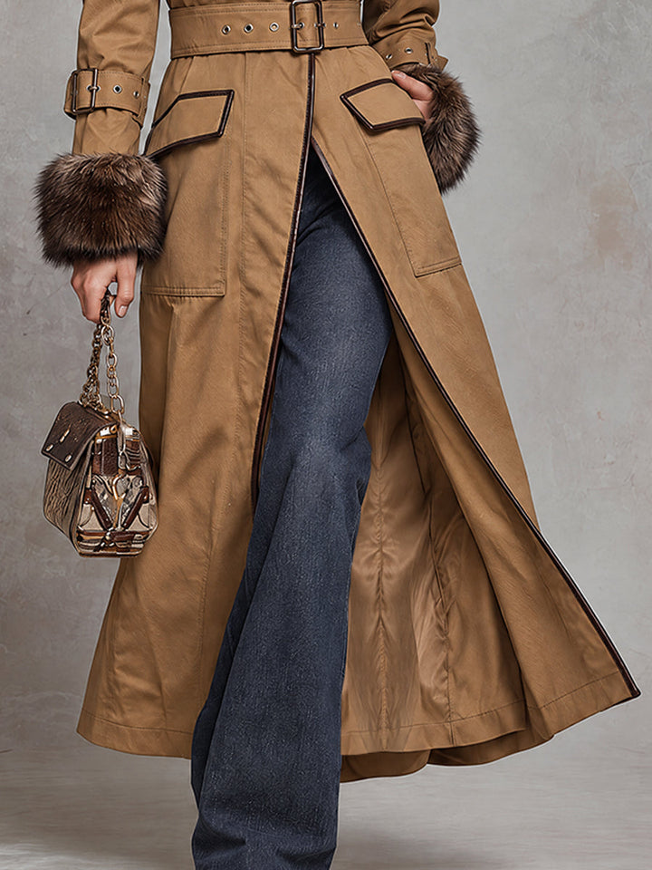 Desert Explorer Trench Coat with Luxurious Fur Cuffs