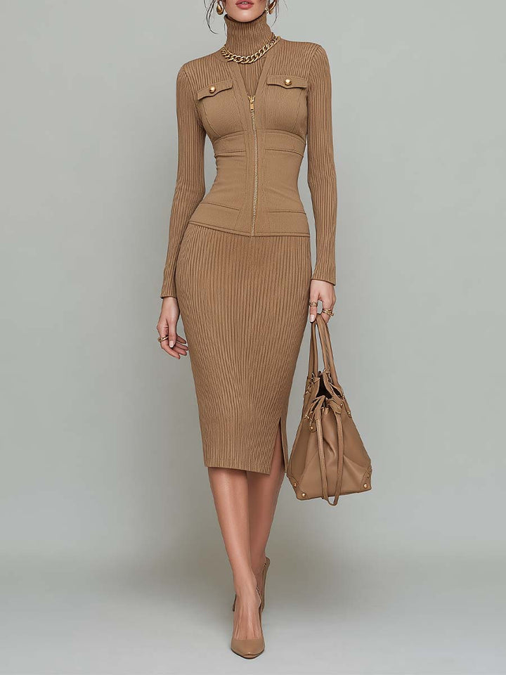 Chic High-Neck Midi Knit Dress with Zip Detail