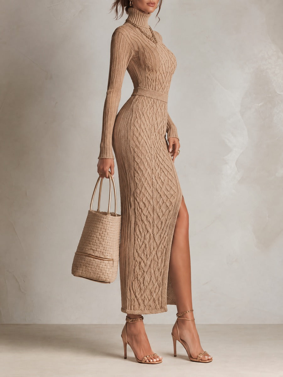 Chic High-Neck Long Knitted Sweater Dress with Thigh Split