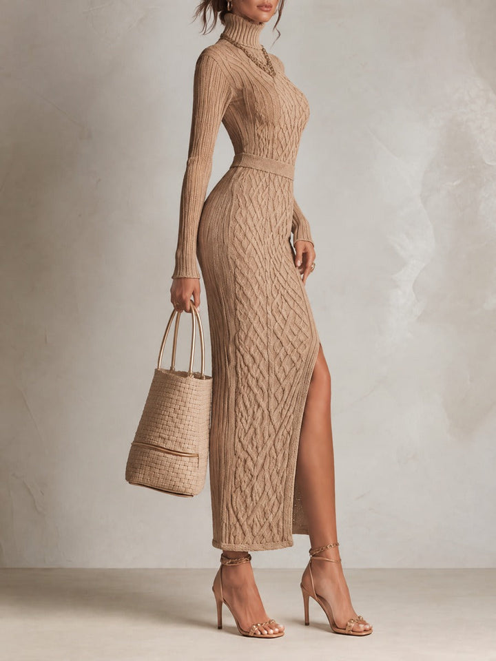 Chic High-Neck Long Knitted Sweater Dress with Thigh Split