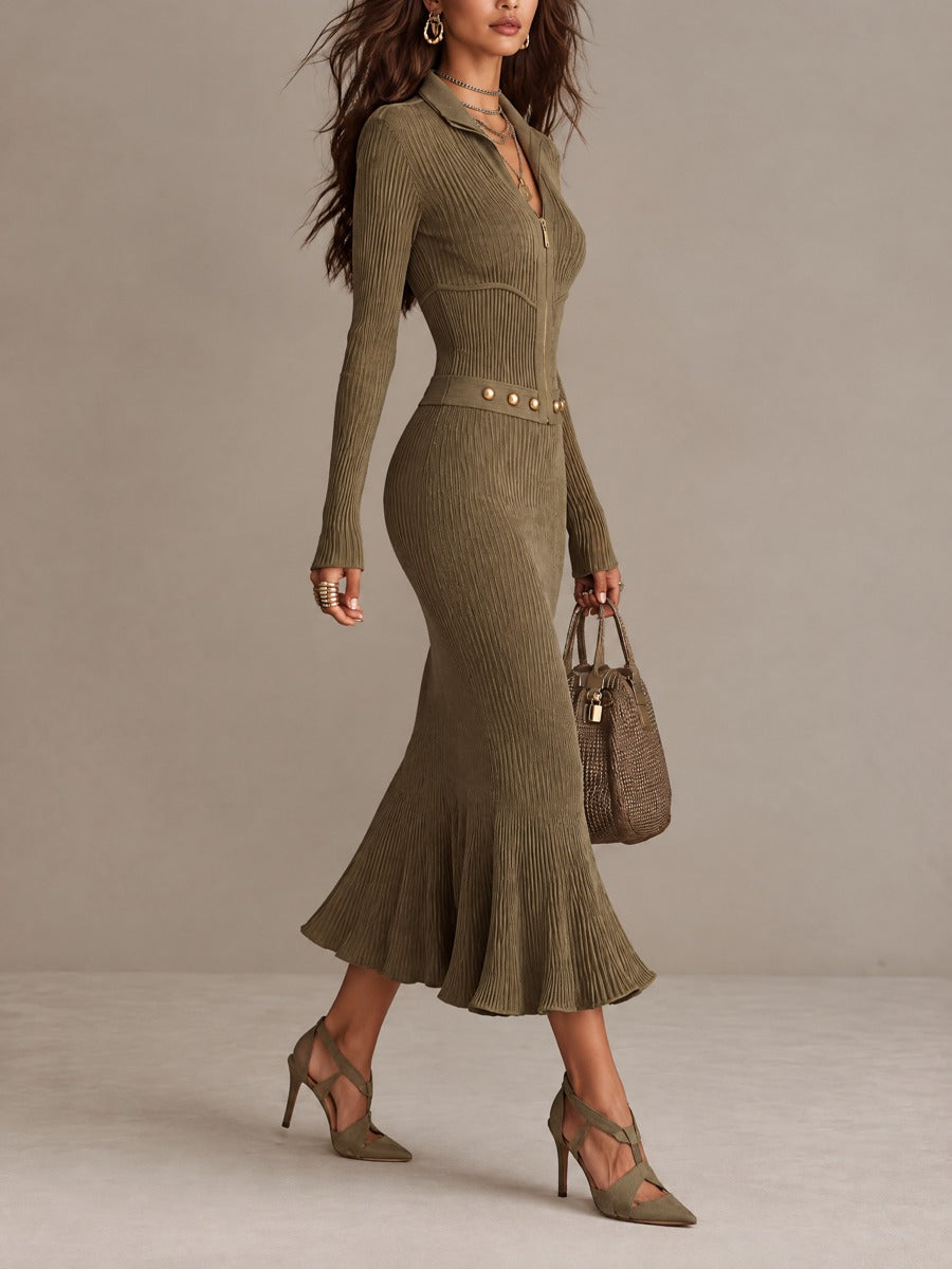 Chic Ribbed Midi Dress with Belt and Stylish Break Detail