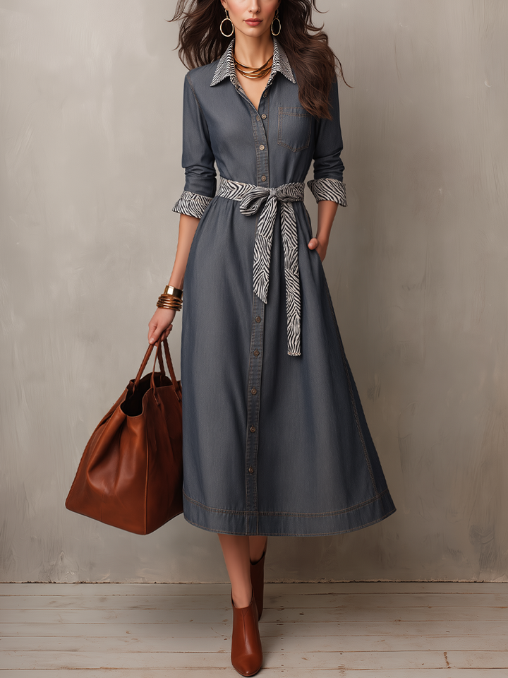 Zebra-Collared Denim Shirt Dress for Women with Belt