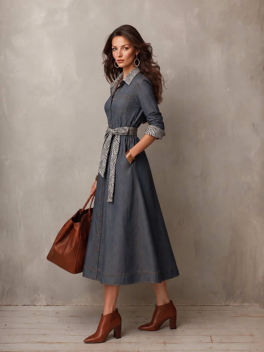 Zebra-Collared Denim Shirt Dress for Women with Belt